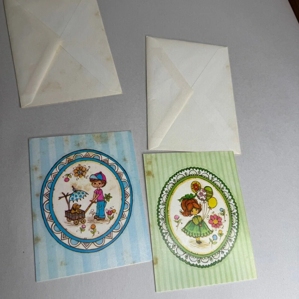 Vintage Unused Greeting‎ Cards Lot of 2 Boy with Dog Girl with Balloons